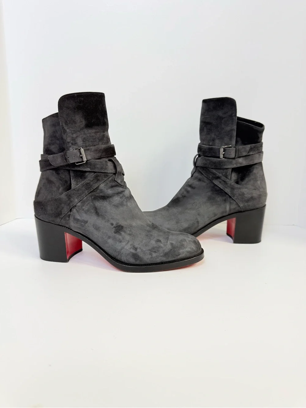 Christian Louboutin Karistrap 70 Black Suede Buckle Ankle Boots 39.5